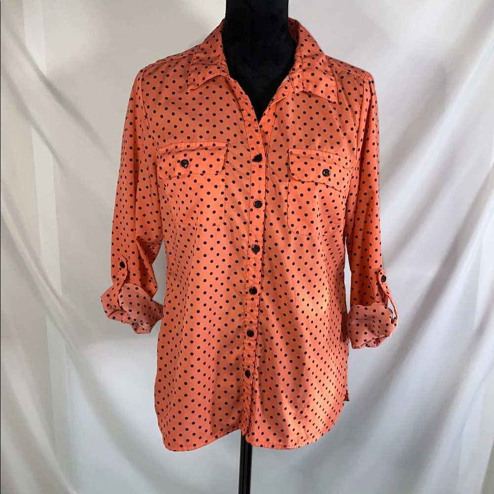 Studio Works Orange Black Polka Dot Button Down Blouse Size M
